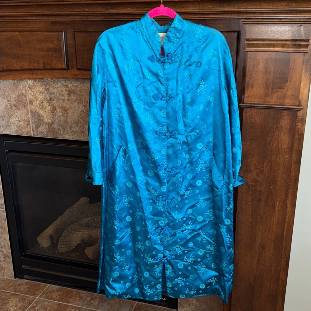 Vintage silk blend Japan Barbara Lee turquoise kimono robe jacket housecoat L